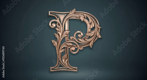 Ornate golden letter P with floral design on dark background.