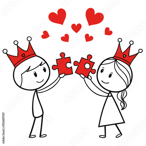 A cartoon couple wearing crowns hold up puzzle pieces with hearts above them Vector