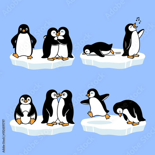 Cute penguin characters in various poses and emotions on ice floes including hugging singing sliding and sleeping for winter animal theme design