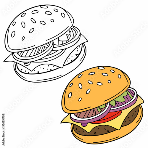 A drawing of a hamburger next to a colored one Vector