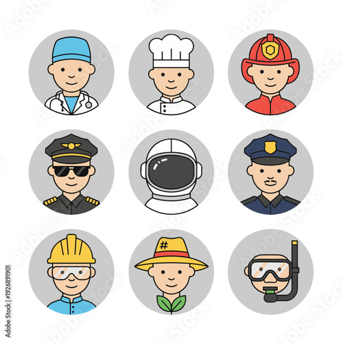 Collection of professional avatars featuring doctor chef firefighter pilot astronaut policeman builder farmer and scuba diver icons
