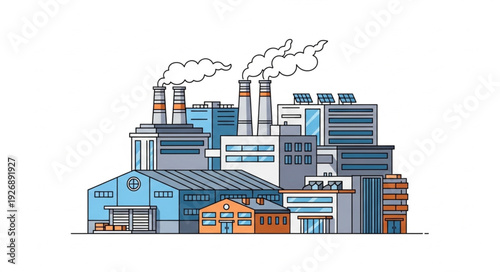 Industrial complex illustration depicting factories and manufacturing plants with smoke emissions.