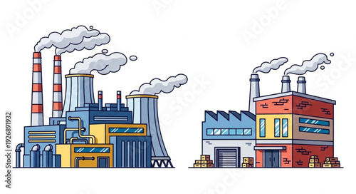 Industrial factories emitting smoke into the atmosphere, causing pollution and environmental damage.