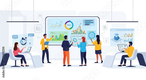 Team collaborating on data analysis and business strategy presentation.