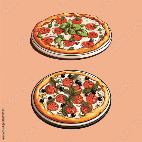 Two delicious pizzas with fresh toppings displayed on a rustic background, modern professional environment, professional industry concept