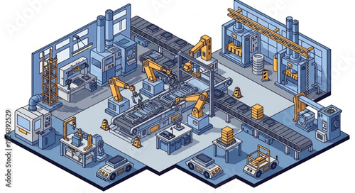 Automated industrial factory with robotic arms and production line.