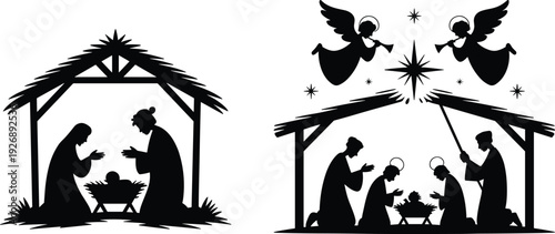 Silhouette of nativity scene with angels and star above black white