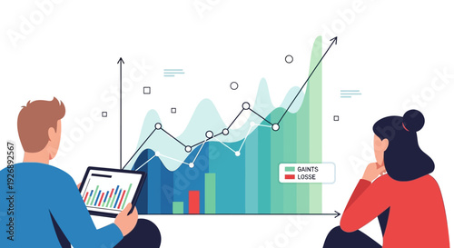 Two people analyzing financial growth chart on tablet and screen.