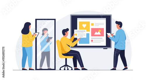 Team collaborating on digital content creation project.