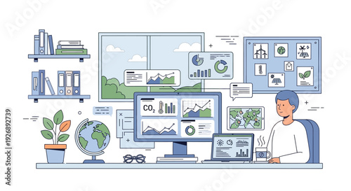 Person working on environmental data analysis at desk.
