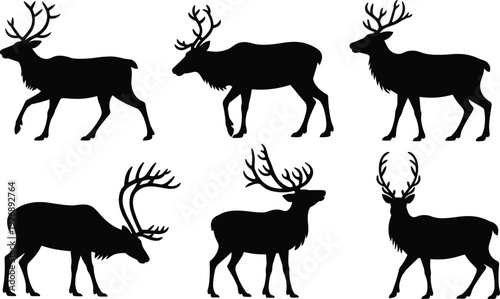 Six black silhouette reindeer with antlers standing in different poses on a white background