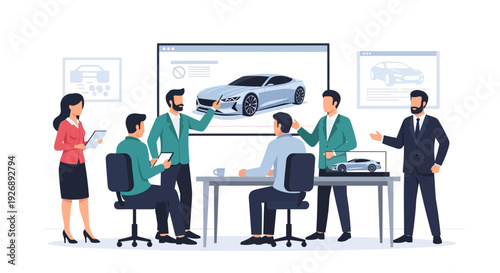 Team Discussing Car Design Project in Meeting Room.