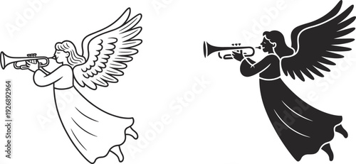 Two angels playing trumpets with one in white and the other in black musical instruments wings flying
