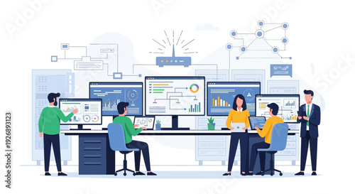 Team of professionals working on computers in a modern office environment.