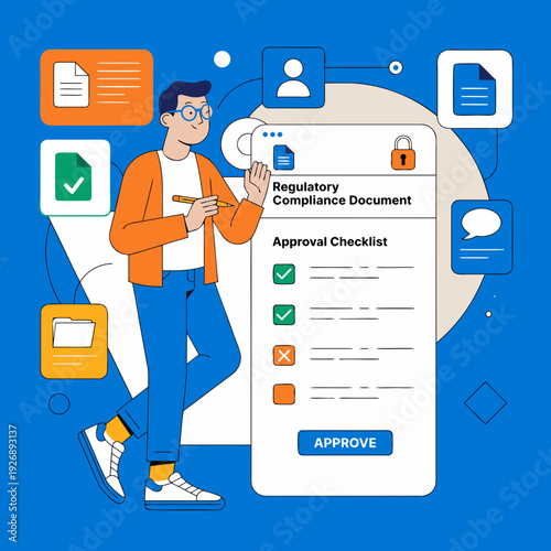  Business professional presenting digital compliance document interface with approval checklist, regulatory governance concept, risk management, corporate policy control, legal process transparency .