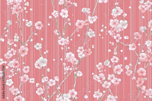 Pink Striped Background with White Floral Blossom Branch Accents Springtime Illustration