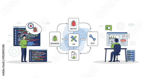 Software Development Bug Fixing and Testing Process Illustration.