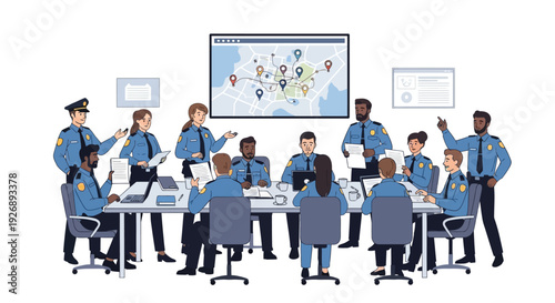 Police officers in a meeting discussing a map on a screen.