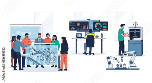 Team collaborating on engineering blueprint with advanced technology.