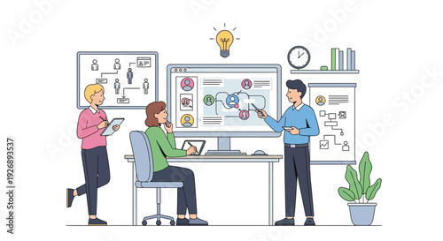 Team collaborating on a business strategy presentation.