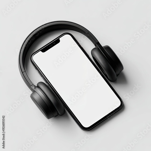 A black smartphone rests beside black, over-ear headphones, isolated on a light gray surface