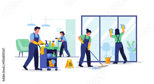 Professional cleaning team working together to sanitize office space.