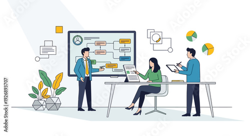 Team collaborating on a business strategy presentation.