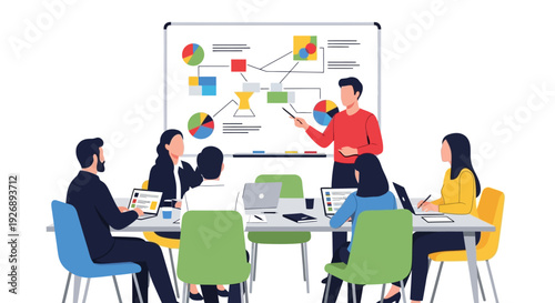 Team meeting presentation with whiteboard and business strategy.