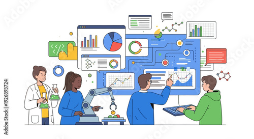 Team of scientists collaborating on data analysis and research.