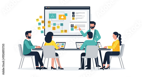 Team collaborating on a business strategy presentation.