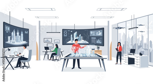 Team collaborating on futuristic architectural project using advanced technology.