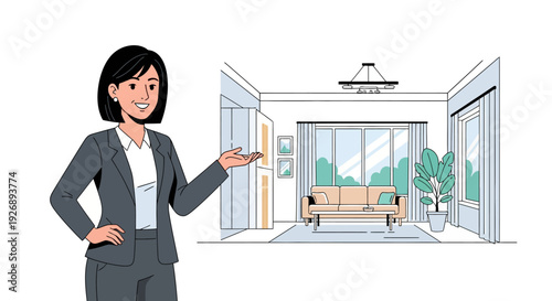 Professional woman presenting modern interior design concept.