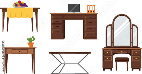Home furniture vector illustration set, wooden tables office desk vanity mirror and interior decor elements isolated modern household design collection
