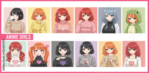 Anime Girl Avatar Collection Featuring Diverse Cute Female Characters in Flat Vector Style for Social Media Profiles, Gaming Icons, and Digital Stickers