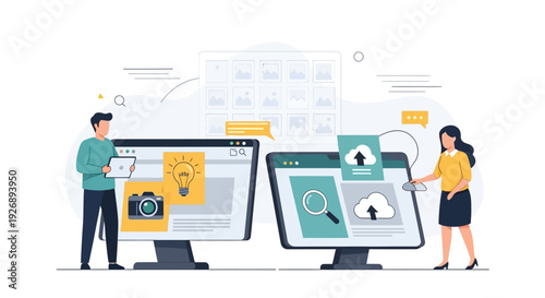 Two people interacting with digital screens showing web design elements.