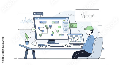 Programmer working on complex system architecture diagrams on multiple screens.