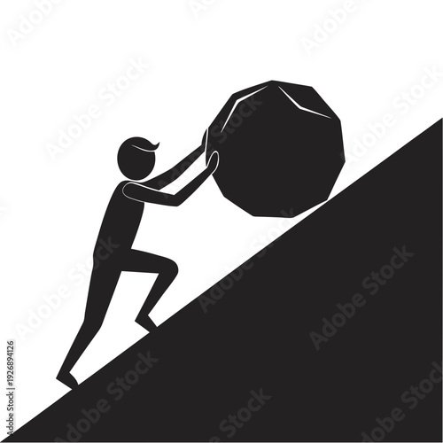 A person pushing a large boulder up a steep hill Vector