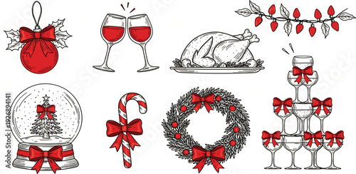 Christmas Holiday Hand Drawn Icon Set Featuring Wreath, Candy Cane, Wine Glasses, Roast Turkey and Festive Decorations Vector Illustration Collection