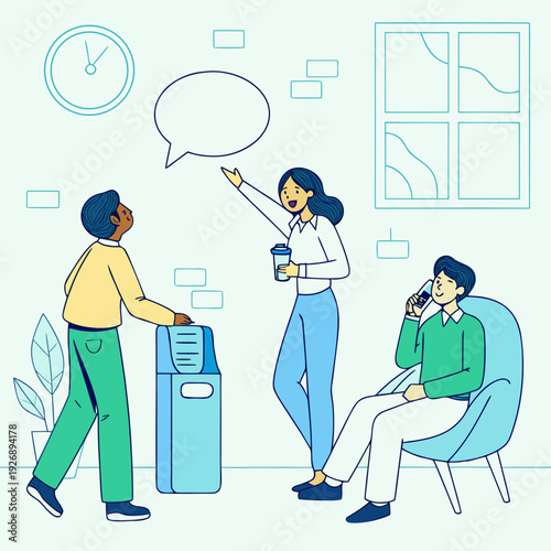 Colleagues discuss near water cooler in office setting Vector