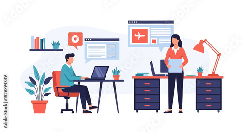 Two people working in a modern office environment with laptops.