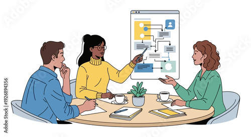 Team members collaborating on a project, discussing a workflow diagram.