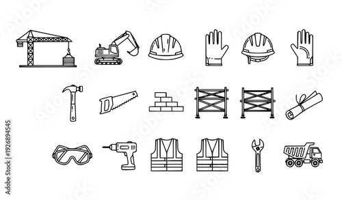 Comprehensive construction line icon pack with machinery, tools, and safety gear for design projects