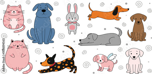 Cute Cartoon Cats and Dogs Collection with Playful Pet Characters Including Bunny and Puppies for Kids Design and Adorable Animal Vector Illustration Set