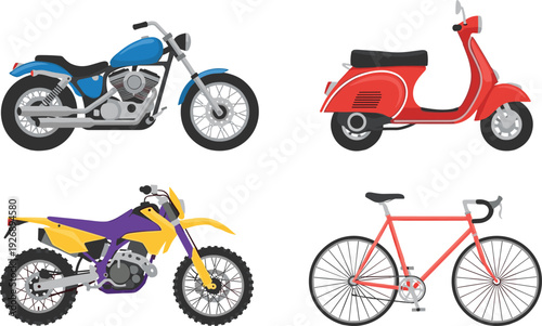 Motorcycle scooter dirt bike and bicycle vector illustration set, transport vehicle collection isolated colorful modern urban mobility design bundle artwork