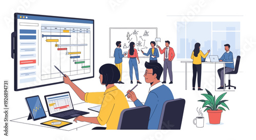 Team collaborating on project management Gantt chart.