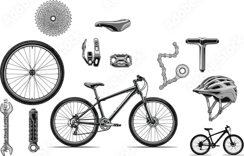 Mountain bicycle with parts vector illustration set, bike components helmet tools chain cassette wheels detailed cycling repair equipment isolated design