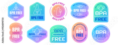 Bpa free guarantee gradient badge logo set. No bisphenol a and phthalates symbols for safety or healthy. Eco friendly product label design with water drop and leaves icons. Non toxic plastic stamps