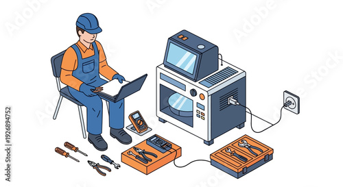 Technician repairing microwave oven with laptop and tools.