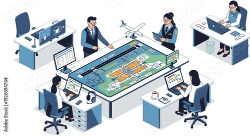 Air Traffic Control Team Collaborating Around Airport Operations Map.