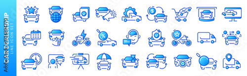 Thin line icons of car dealer. Automotive industry, auto sale dealership, vehicle trade center linear symbols, transportation insurance vector set. Rental service, road support, automobile repair shop